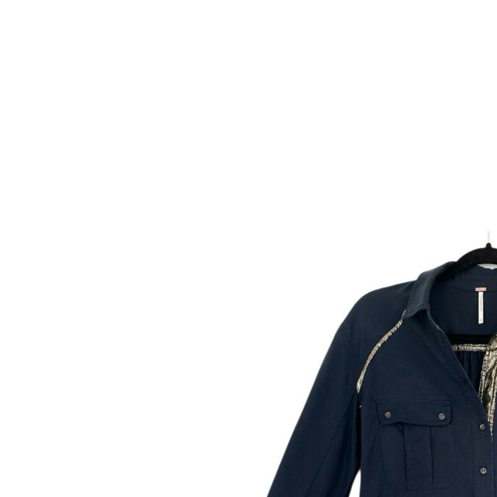 Free People Off Campus Navy Blue Metallic Button Down Shirt - Picture 4 of 8